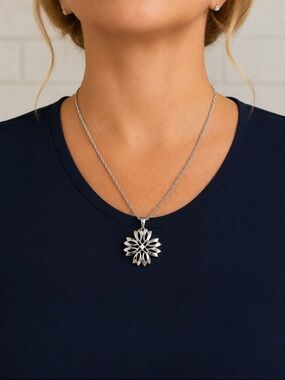 Vintage Crown Trifari Silver Tone Flower Pendant Necklace 23.5” Rope Chain 1960s